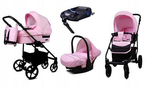 BabyLux® Bambini Passeggino Completo Set 4 in 1 - Trailux | Light Pink - Navicella, Canna, Seggiolino Auto, ISOFIX Base - Carrozzina Neonati Sistema Combinato - con Borsa fasciatoio ecc.