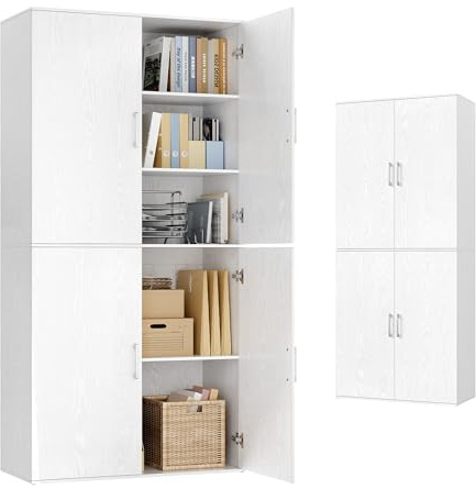 VASAGLE Mehrzweckschrank, mit 4 Türen, 5 Ablagen, 80 x 40 x 180 cm | Büroschrank, Aufbewahrungsschrank, Kleiderschrank, Holzspanplatte, mit Griffen, Schneeweiss, CUSTOS Kollektion OFC083WE01