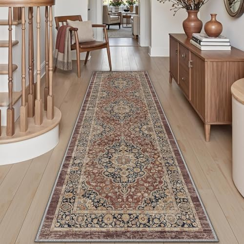 DEXI Läufer Flur 60 x 180 cm, Waschbar und rutschfest, Rostrot | Dünne Vintage‑Stil Läufer Teppich, Schmutz & Wasser Teppichläufer für Flur, Hauseingänge, Küche, Waschküche