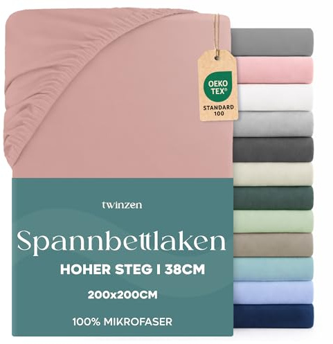Twinzen - Spannbettlaken 200x200 cm - 100% Mikrofaser - Steghöhe 35cm | Rosa · Ultraweich · OEKO-TEX Zertifiziert · Bettwäsche 2 Personen · Für hohe Matratzen · Atmungsaktiv · Pflegeleicht