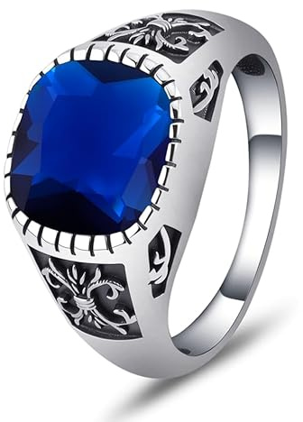 Vintage Herrenring Sterling Silber 925 Geschnitzt quadratischem Zirkonia Blauer Edelstein Ehering Hochzeit & Geburtstag Geschenk für Herren und Damen