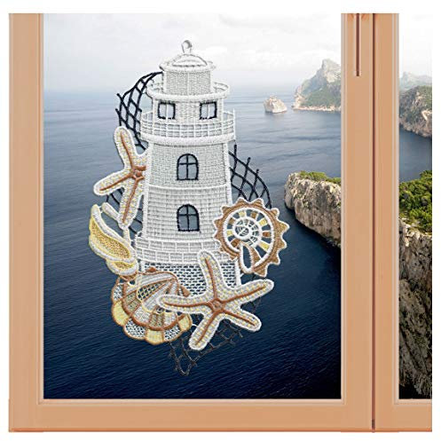artex deko Fensterbild Leuchtturm Maritime Fensterdekoration hochwertige Plauener Spitze gestickt 30 x 18 cm