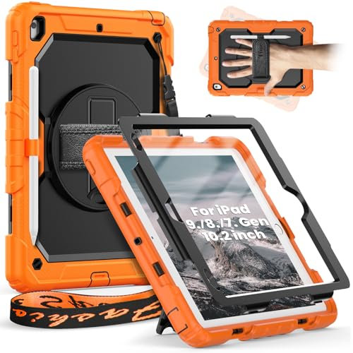 Timecity Hülle für iPad 9/8 / 7 Generation 2021/2020 / 2019 10,2 Zoll Schutzhülle Stoßfest Robust mit Displayschutz Stifthalter 360°-drehbarer-Ständer Handschlaufe Schultergurt Outdoor - Orange
