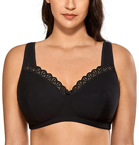 DELIMIRA Reggiseno Cotone Senza Ferretto in Pizzo Taglie Forti Morbido Senza Imbottitura Coppa Piena Nero 7E