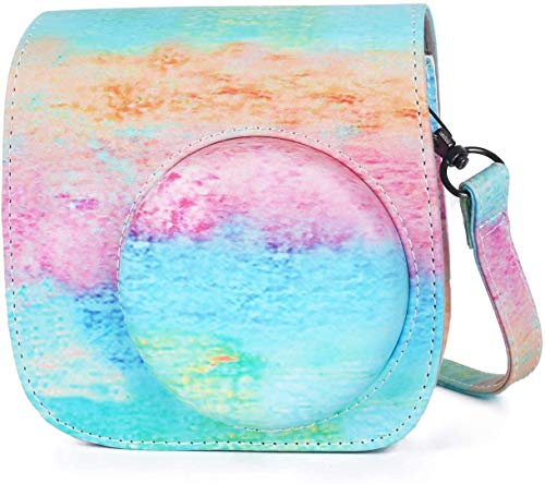 Leebotree Caméra Housse Compatible avec Appareil Photo Instantanés Instax Mini 12 11, Pochette Caméra Sacoche Rangement Protection Cuir PU Lisse avec Bandoulière et Poche Intégrée (Rainbow)