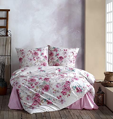 ZIRVEHOME Bettwäsche 240x220 cm. weiß/rosa geblümt, 100% Baumwolle/Renforcé mit reißverschluss Atmungsaktiver, 3 teilig bettbezug Set mit kissenbezuge 80x80 cm. Desima
