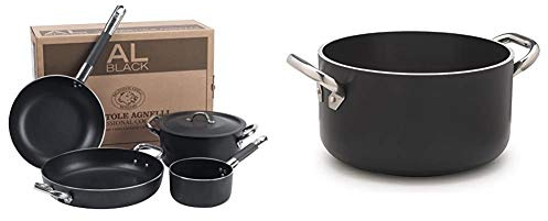 Pentole Agnelli ALSASETALBLACK4 all Black Set per 4 Persone, 3 mm, 5 Pezzi & Agnelli ALSA2104SSPI28 Alblack Casseruola Alta in Alluminio