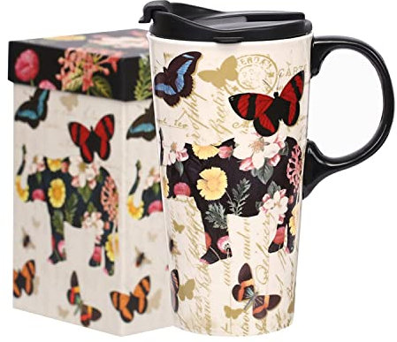 DUSVALLY Ceramic Mug Coffee Mug Tall Ceramic Travel Mug with Lid and Gift Box 17oz.Butterfly