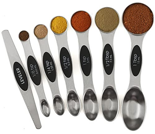 Magnetische Messlöffel Set of 7 Edelstahl Dosierlöffel, Portionierlöffel und Messlineal doppelseitig Teelöffel, Esslöffel zum Messen trockener flüssiger Zutaten,Spuelmaschinenfest