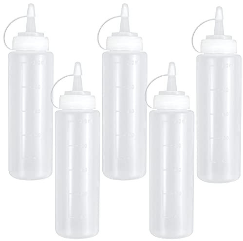 Fodlon 5 Stk Quetschflasche, Squeeze Flasche aus Kunststoff, 250 ml 8oz Condiment Flaschen mit Kappen & Messungen, Transparent Saucenflasche Soßenspender für Olivenöl Ketchup Mayo Senf BBQ