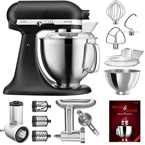 KitchenAid Küchenmaschine Artisan - P23 Vario Set Deluxe 185er (NM) - 5KSM185PSEBK inkl. Gemüseschneider (5KSMVSA), Fleischwolf Ganzmetall (5KSMMGA) und Kochbuch (Kochen & Backen)