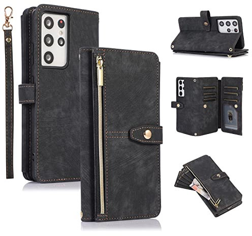UEEBAI Hülle für Samsung Galaxy S21 Ultra 5G, 9 Kartenfäche Retro Leder Geldbörse Stoßfest Flip Case mit Handschlaufe Standfunktion Reißverschluss Handyhülle Magnetverschluss Wallet– Retro Schwarz