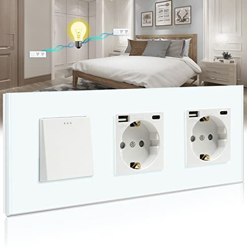 BSEED Lichtschalter mit Steckdose 1 Fach 2 Wege,Wandschalter mit 16A Schuko Steckdose mit Doppel USB Anschluss (Max. 2.1A) Typ C Port Weiß,Physische Unterputz Wechselschalter mit Steckdose- 228mm
