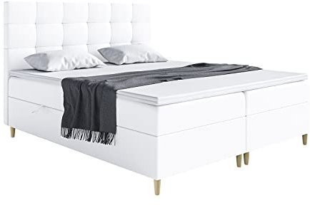 MEBLINI Boxspringbett mit Bettkasten - Gepolstert Doppelbett mit Matratze und Topper - Polsterbett mit Stauraum - Bett mit Kopfteil - Stauraumbett - DICO - 120x200 - H4/Weiß Kunstleder