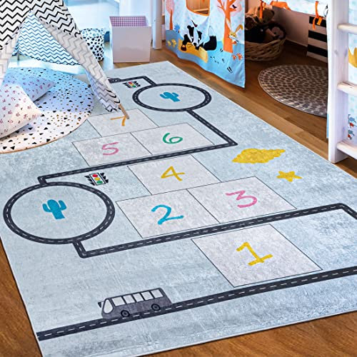 Mazovia Kinderzimmerteppich Antirutsch - Waschbar bis 30 Grad - Spielteppich Straße Stadt Straßenteppich - Kurzflor Kinderteppich Teppich für Kinderzimmer - ÖKO-TEX - Blau 140 x 200 cm