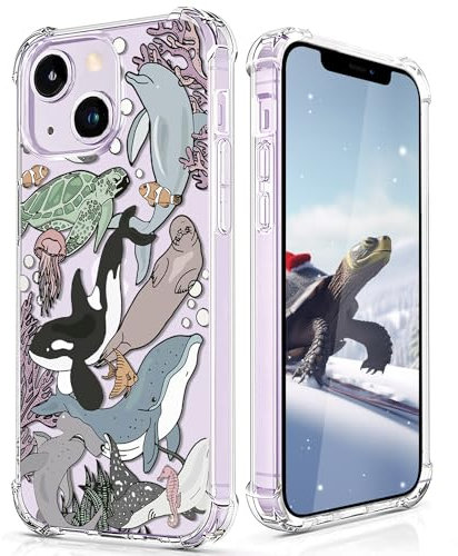 CAROKI Clear Case for iPhone 14, Anti-Yellowing with Ocean Fish Pattern, Bumper Protective Shockproof Soft Silicon Cover Case