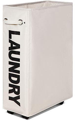 Caroeas 26 Rolling Slim Laundry Basket with wheels, 55L Collapsible Laundry hamper on Wheels Tall Thin Narrow Foldable Storage Bins for Corner