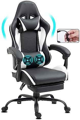 Gemani Silla de oficina para juegos, función de masaje, USB, silla ergonómica para gamer, con reposapiés, reposacabezas, cojín lumbar, silla giratoria para gaming, color blanco