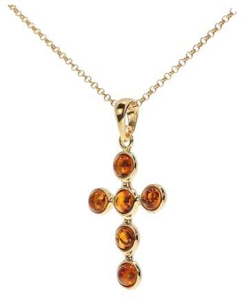 Artisana-Schmuck Bernstein Anhänger (ohne Kette), Anhänger Kreuz aus Bernstein und 925/000 Sterling Silber vergoldet
