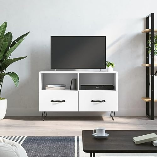FIRBNUS TV-Schrank Weiß 80x36x50 cm Holzwerkstoff TV Lowboard Holz Schrank Schubladen Kommode Industrial TV Cabinet TV Unterschrank TV Schrank Holz Kommode Holz TV Kommode Sideboard Holz