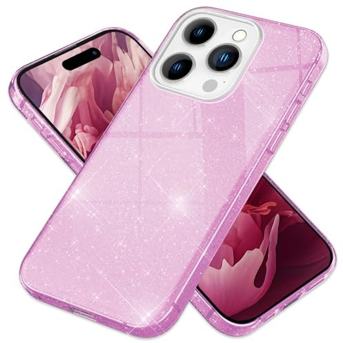 NALIA Robustes Glitzer Cover kompatibel mit iPhone 15 Pro Hülle, Glänzende Glitter Schutzhülle, Verstärkte Silikon Hybrid Handyhülle, Diamant Case Bling Strass Pailletten Diamond Etui, Farbe:Lila