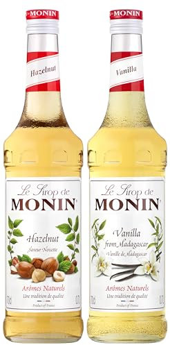 MONIN - Assortiment Sirop de Vanille de Madagascar et Sirop Saveur Noisette - Pour Café, Chocolat Chaud, Capuccino ou Latte - Arômes Naturels - Bouteille en Verre - 2 x 70 cl