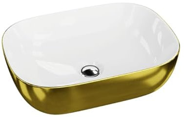 LAVITA Aufsatzwaschtisch Costa Gold/White Aufsatzwaschbecken Rechteckig Waschbecken ohne Überlauf und Hahnloch Aus hochwertigem Porzellan Waschtisch Badkeramik Waschplatz 46x32,5x13,5cm Weiß/Gold