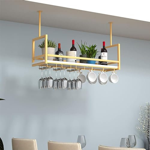 Weinregal mit Leitplanke, Weinglasregal an der Decke, hängender Weinflaschenhalter aus Metall und Holz mit 2 Arten Weinglasregal, für Bar, Café, Küche, Gold, 120 x 30 x 60 cm
