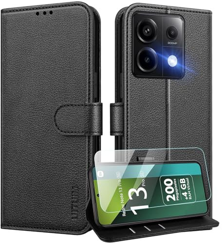 UITUIM Coque pour Xiaomi Redmi Note 13 Pro 5G (Pas pour 4G) Coque Etui Portefeuille Cuir avec Verre Trempé Protection Écran Porte Carte Rabat Clapet Pochette Flip Case Étui Cover Housse Etui,Noir