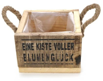 Bubble Store Pflanzkasten aus Holz, Holzkiste mit Aufdruck Eine Kiste voller Blumenglück, innen mit Folie, 2 Sisal-Schlaufengriffe, Holz unbehandelt, Größe ca. 15 x 15,5 x 10,3 cm