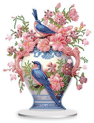 Starnearby DIY Diamond Painting Tisch Deko, 5D Diamant Painting Vase mit Blumen und Vögeln Ornamente, Diamant Malerei Stehend Kunst Set, Festliches Geschenk Hausgeschenk (A)