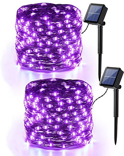 PhilzOps Cadena de Luces Halloween Púrpura, 2 Paquete 14M 120 LED Guirnalda Solar Exterior Alambre de Cobre Impermeable 8 Modos Luz Solares Decoración para Patio Balcón Árbol Horror Fiesta Festivale