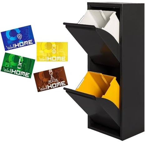 WELL HOME - Cubo de basura y reciclaje Metálico de 2 compartimentos + 4 etiquetas magnéticas, 2x17L (34L) Negro mate
