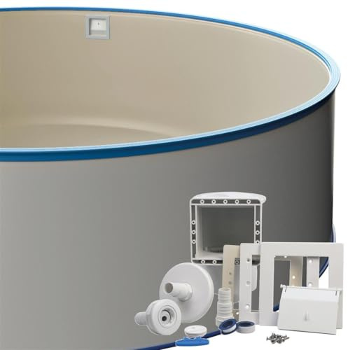POWERHAUS24 Runder Stahlwandpool-Set Ø 3,00 x 1,20 m, inkl. Bodenschienen & Handlauf in Blau, Einbauskimmer-Set, Innenhülle 0,8 mm Sandfarben, Premium Qualität, Made in Europe