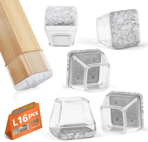 BAIPOK 16pcs Square Silicon Chair Leg Covers Caps for Hardwood Floors, Furniture Feet Protectors Pads Chairs Leg Cups With Felt Pads, No Noise and No Scratches