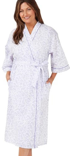 Tesmark Ladies Cotton Floral Print Night Gown Leaf Loungewear Women's Robes Wrap with Tie Belt Short Sleeve Ladies Dressing Gowns for Women Sizes 10-30, MN18 (28-30, Blue Leaf)