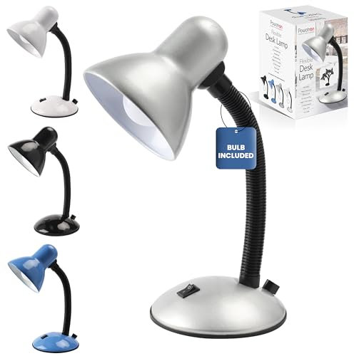 Powatron Flexible LED Desk Lamp – Table Lamp W/Metal Construction, Flexible Neck, 1.5m Cable, BS Approved Plug, E27 Bulb Socket & on/Off Switch Perfect for Study, Office & Bedroom Lighting