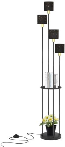 Fullwatt Stehlampe Wohnzimmer, Standleuchte Metall E14 mit Regal, Stehleuchte mit 4 Lampenschirm und Fußschalter, für Wohnzimmer, Schlafzimmer, Büro, Modern, 160 cm, Ohne Leuchtmittel, Weiß/Schwarz