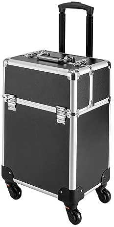Kosmetikkoffer Trolley mit Schublade Professionell, Makeup Koffer Friseurkoffer Rollen 360° drehbar, Schminkkoffer Schönheit Nägel Friseur, Schwarz (34 x 24 x 45 cm)