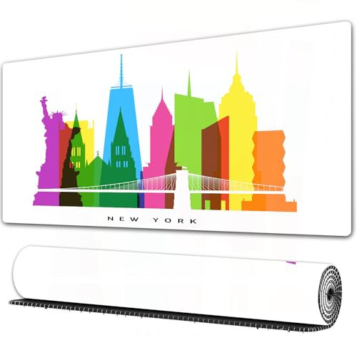 FEHWI Tappetino per mouse da gioco,grande,antiscivolo,impermeabile,con bordi cuciti,Americano,Punti di riferimento di New York City Statua della Libertà Empire State,per gaming,ufficio,casa,75x40 cm
