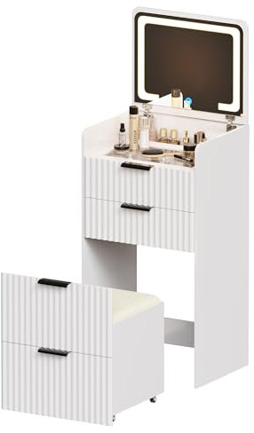 Lvifur Schminktisch mit LED-Spiegel,LED Schminktisch mit 3 Schubladen,Eckschminktisch mit Platz sparen,Dressing Table für Schlafzimmer,Wohnungen,Schlafsäle