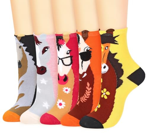 Vinsani 5 Pairs Cute Animal Print Socks Fun Colorful Cotton Socks | One Size Fits All Soft Breathable Comfortable Everyday School Casual Wear Size 4-7 Over-ankle