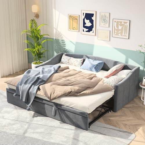 PerGar Schlafsofa 90/180x200 cm, graues Samtbett ausziehbar als Doppelbett, Polsterbett mit Metallgestell und Holzlattenrost, Klappbett, Schlafsofa, Gästebett