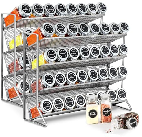 CROWNSHOP 2PC 4-Tier Spice Rack Free Standing Counter Spice Organiser | Metal Seasoning Bottle Organizer for Kitchen Countertop Cupboard (Silver)