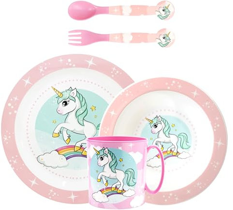 Sorrisini Juego de vajilla reutilizable para niños unicornio, platos de plástico para guardería, escoba, plato, cuenco, cubiertos taza, juego destete primera comida bebé ido para microondas, unicornio
