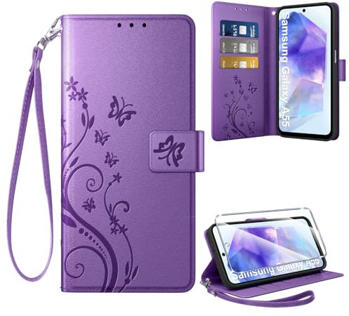 Coiwxmoi Coque pour Samsung Galaxy A55 5G + 1 Verre Trempé, Retro Design Housse Premium en Cuir PU Pochette de Portefeuille pour Porte Cartes Fonction Stand Flip Etui pour Samsung A55, Violet
