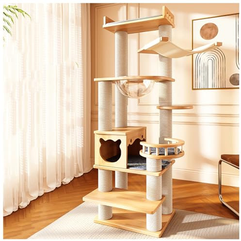 bacedifo Rubberwood Multi-platform Cat Tree Thickened Pine Posts with Hammock Enlarged Clear Acrylic Cat-bowl Viewing Platform