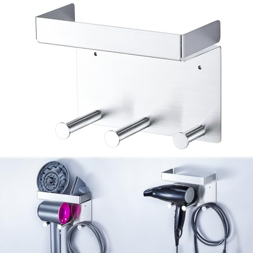 XILIMOR Fönhalter Wand Ohne Bohren, Föhn Halterung für Föhn und Zubehör Aufbewahrung, Edelstahl Wandhalterung Haartrocknerhalter, Selbstklebend Föhnhalterung für Bad, Silber