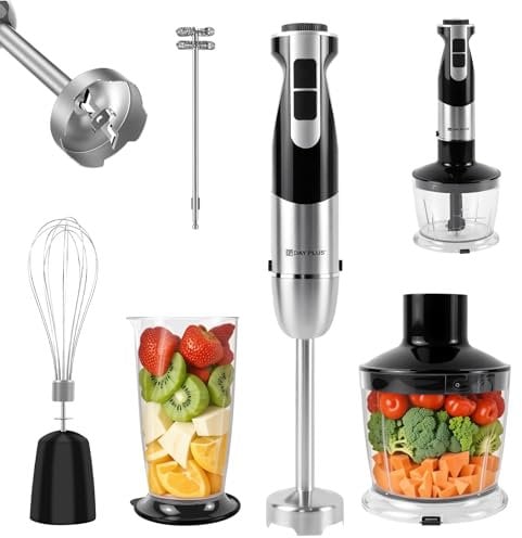 Hand Blender, 5-in-1 Stainless Steel Electric Stick Blender 1200W, 12 Speeds Adjustable and Turbo Mode, with Whisk, Frother, 500ml Chopper, 700ml Measuring Cup, BPA Free Food Processor