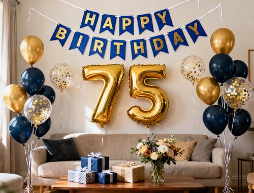 75.Geburtstag Dekorationen für Männer Frauen, Marineblau-Gold 75 Geburtstagsparty Deko, Alles Gute zum 75. Geburtstag Banner Konfettiballons, 75 Jahre alt Geburtstagsdeko für Mama Papas(75.)